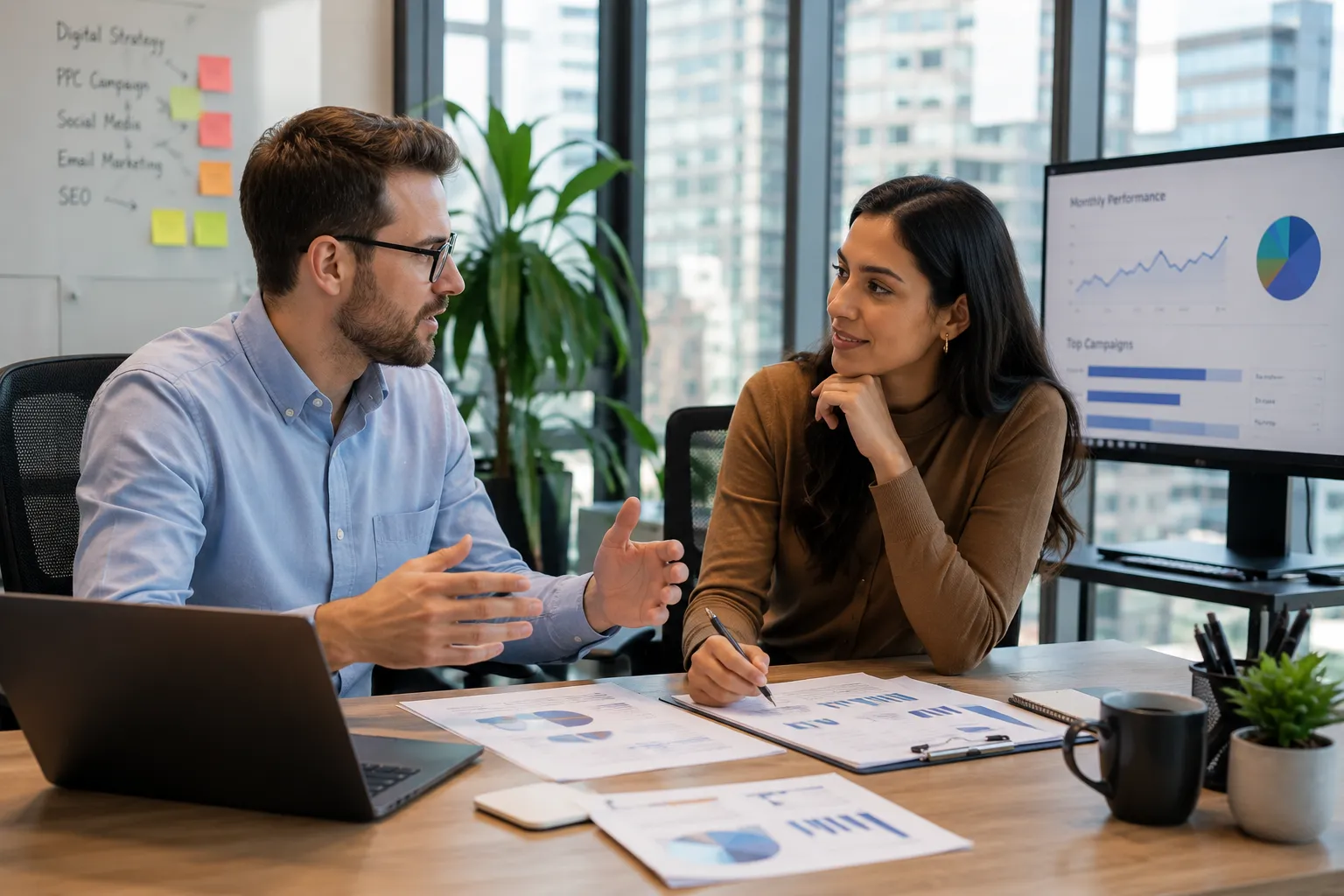 Professional marketing team meeting in a modern office with a man and woman discussing campaign strategy over reports and analytics, surrounded by laptops, performance charts, and a bright collaborative workspace.