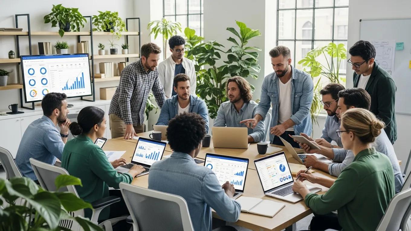 Team collaborating on social media performance metrics in a modern office environment