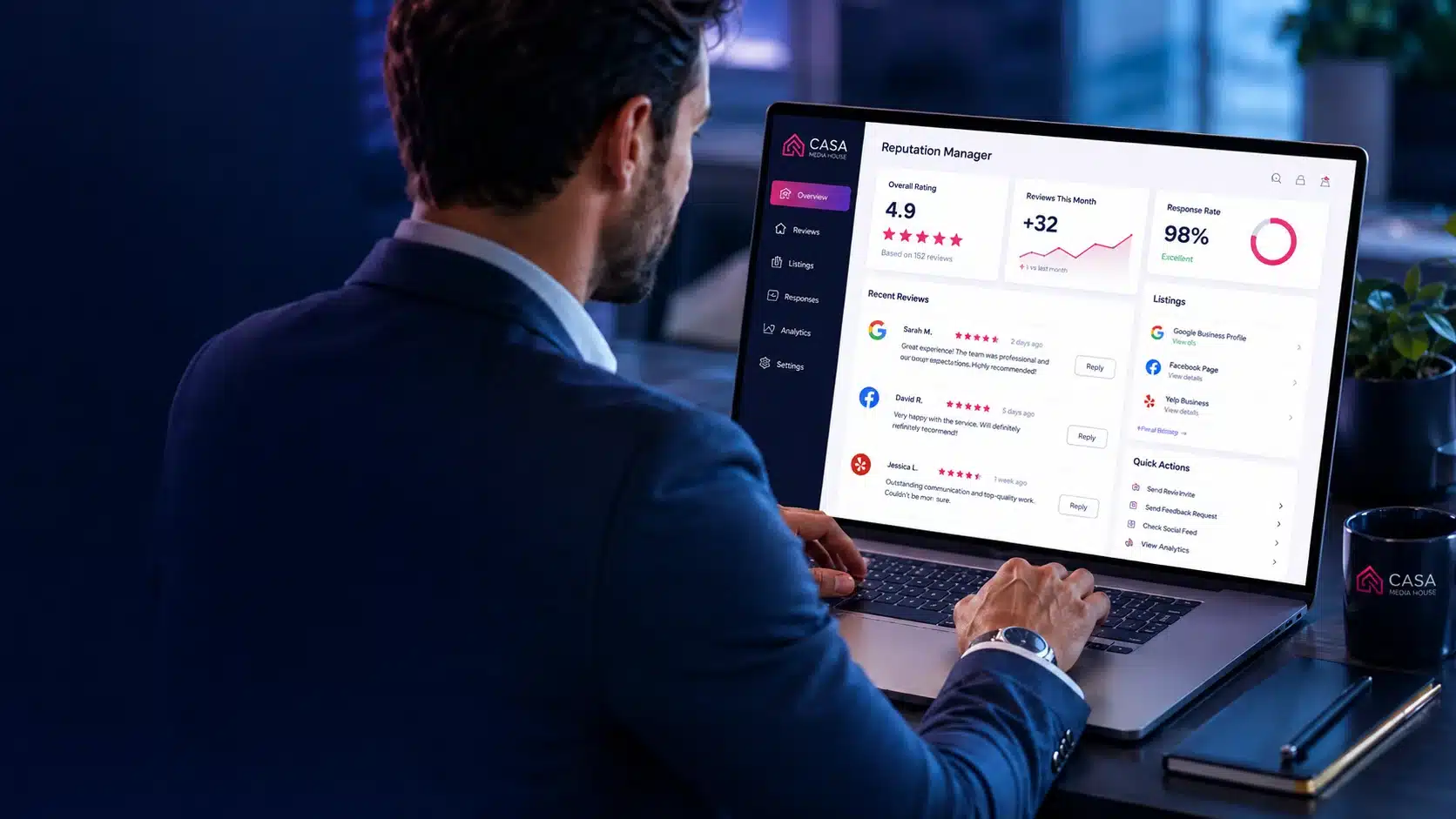 Man monitoring online reputation management dashboard with Casa Media House logo and review ratings.