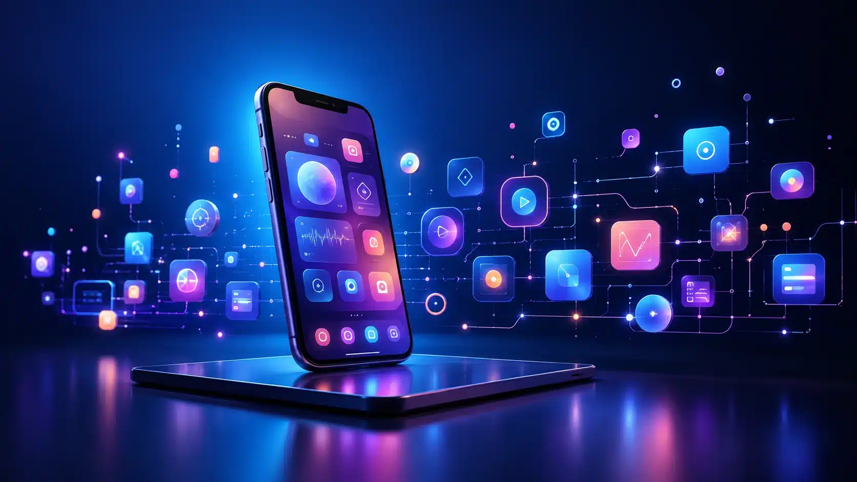 Smartphone displaying app icons and voice search interface, optimizing for Toronto businesses.