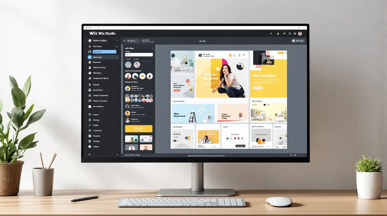 Wix Studio editor showing the design canvas, Velo tools, and component library
