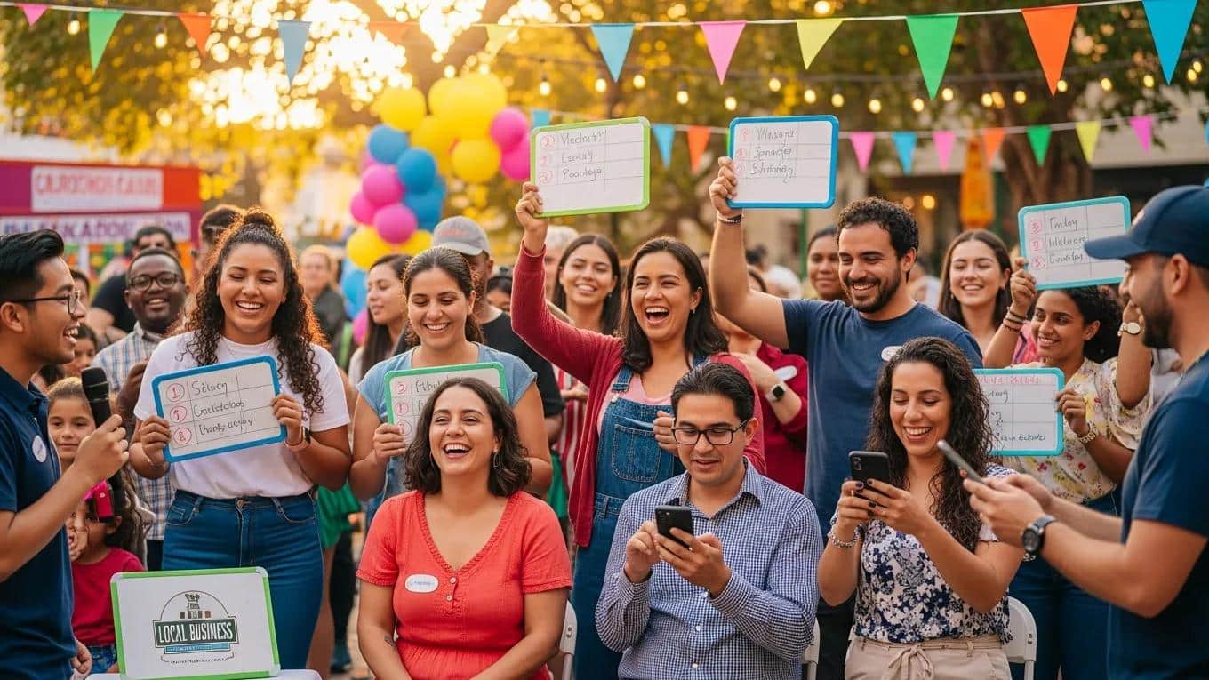 Diverse group participating in interactive social media engagement activities