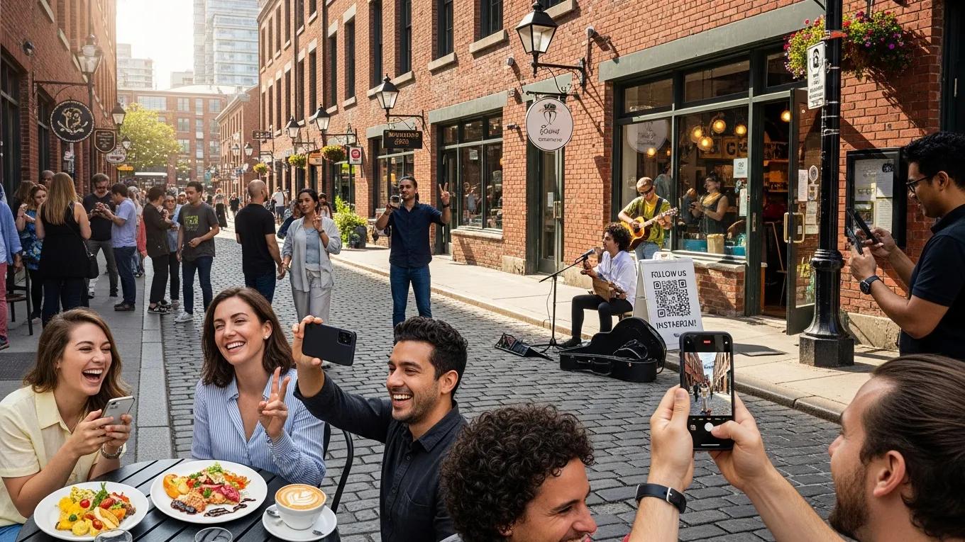 Vibrant Distillery District scene with people engaging in social media marketing