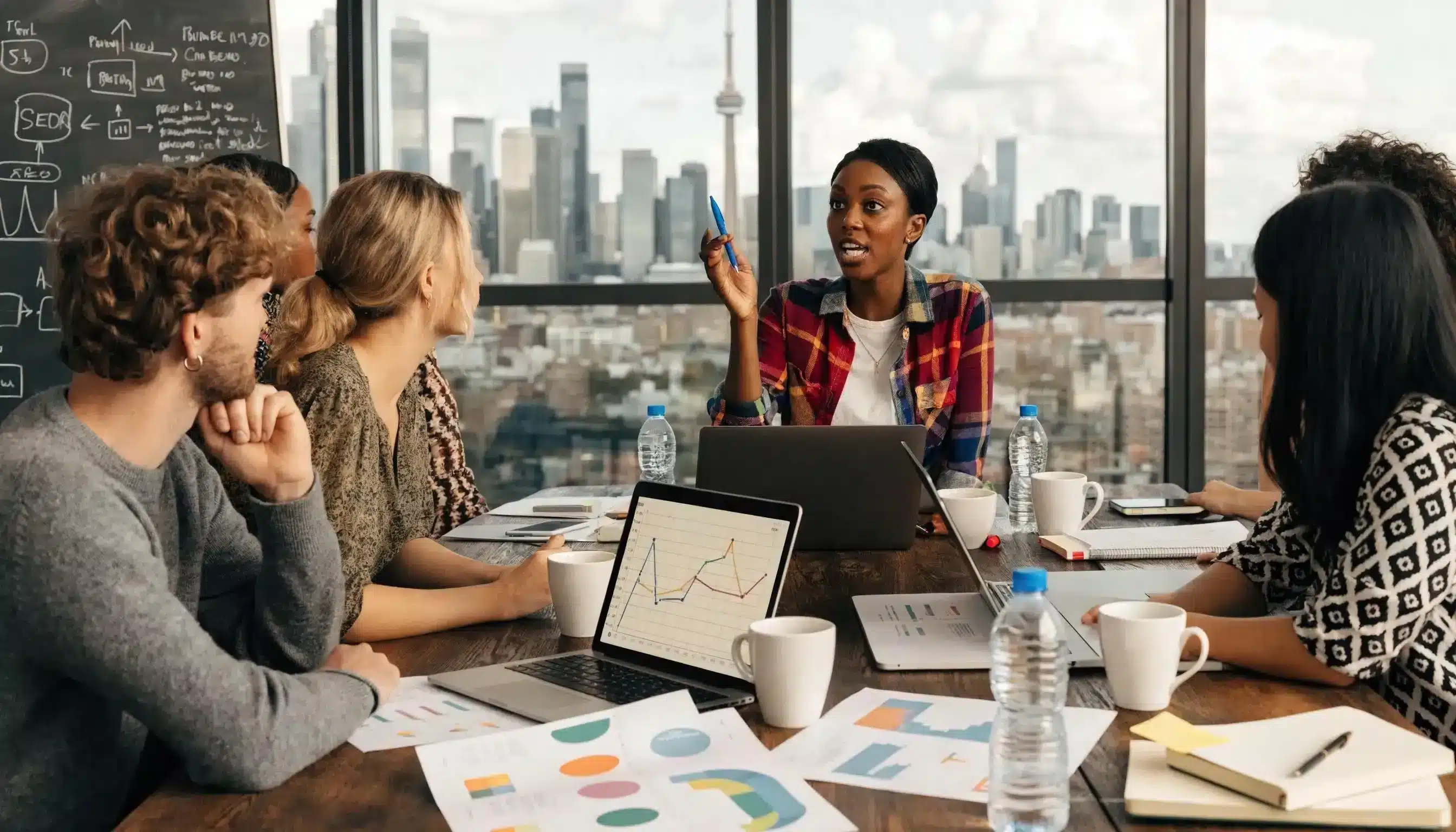 Group meeting with a diverse team discussing charts and graphs in an office overlooking a