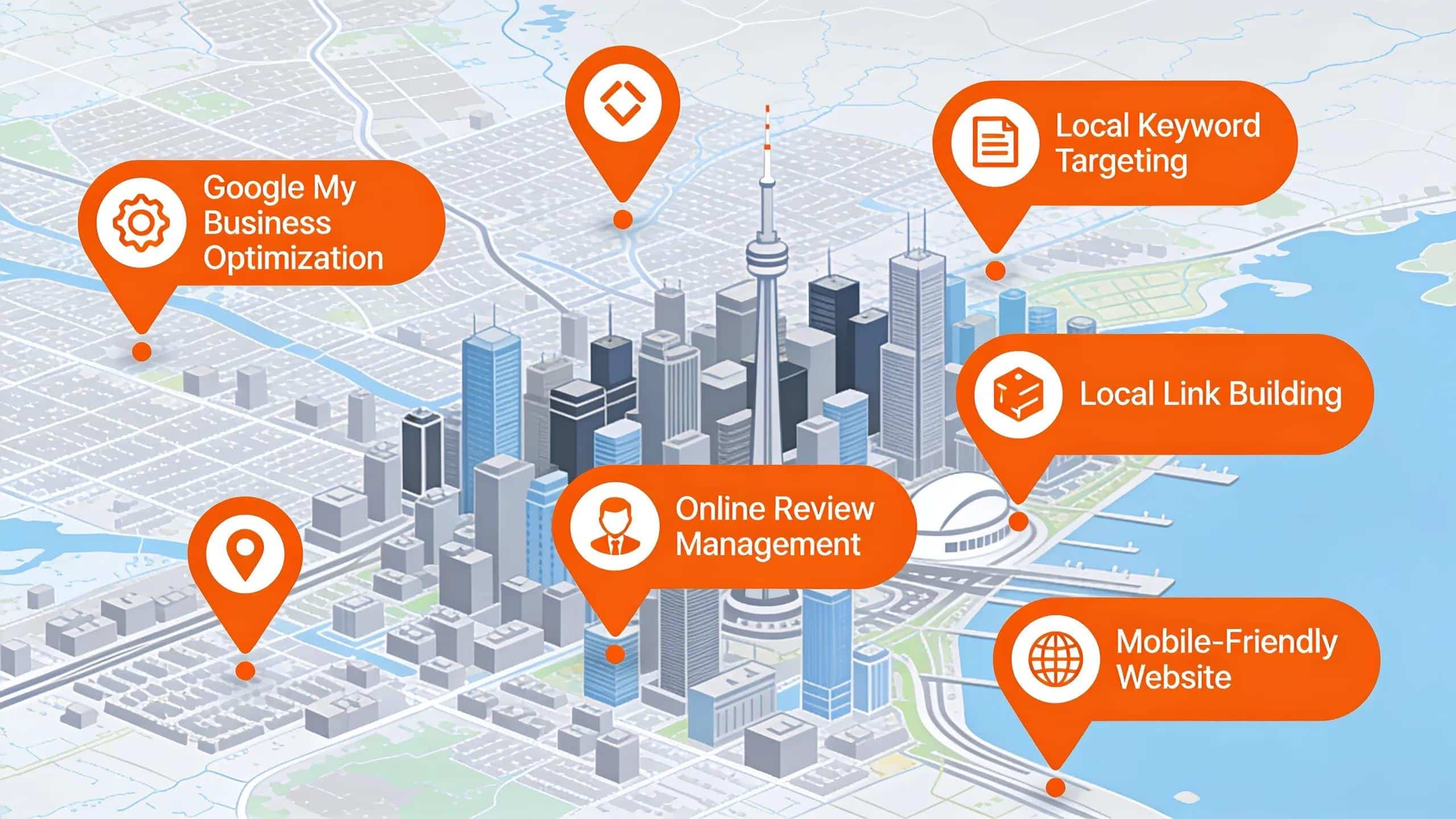 Local Toronto business with map and location pins highlighting local SEO strategies