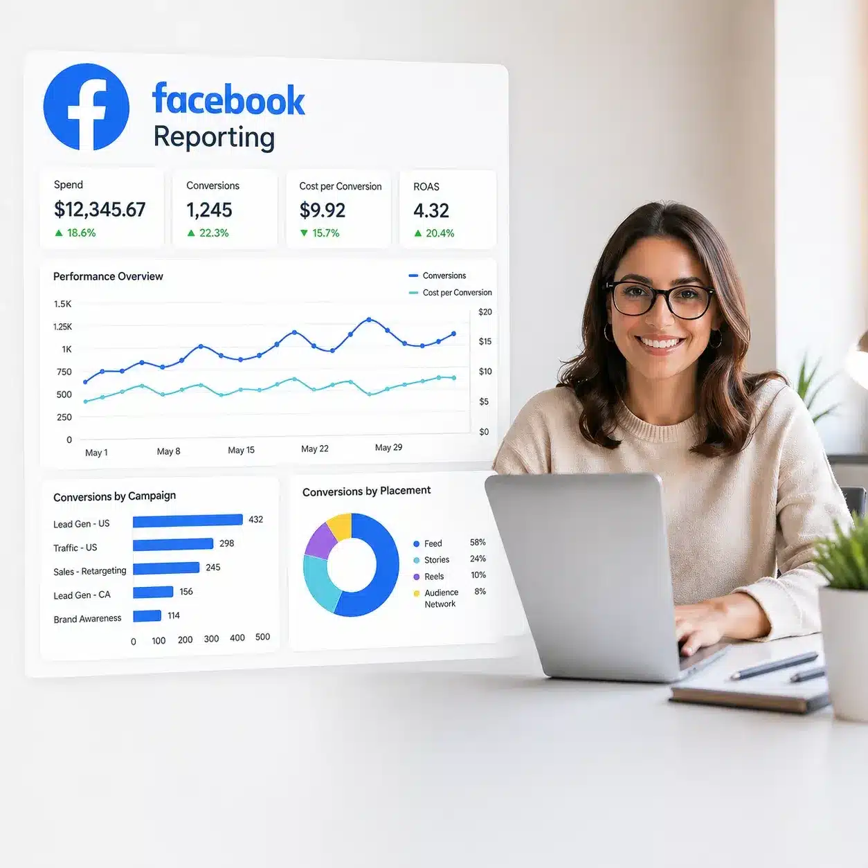 Woman reviewing Facebook advertising report on a laptop with performance graphs