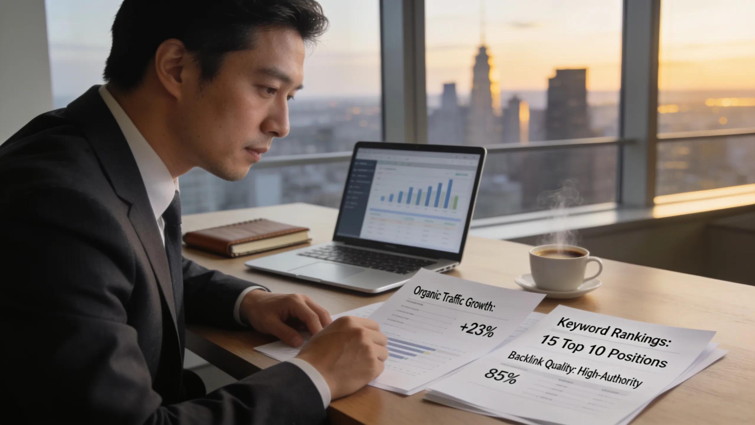 Business owner reviewing white-label SEO reports in a professional workspace