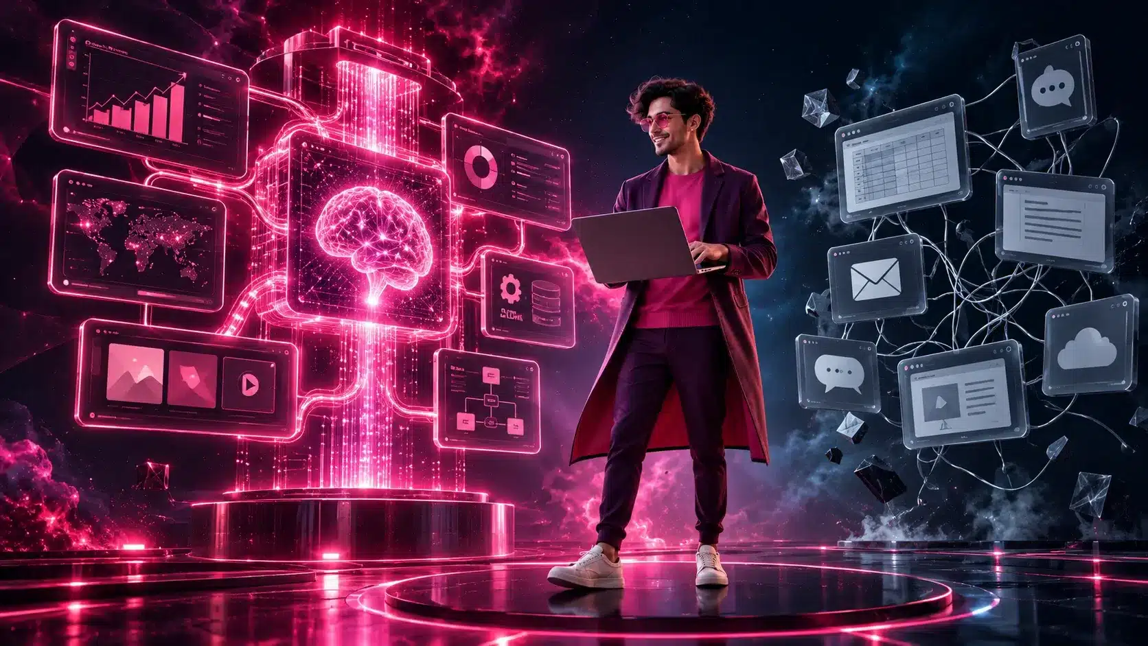 Man in futuristic attire interacting with holographic technology and graphics