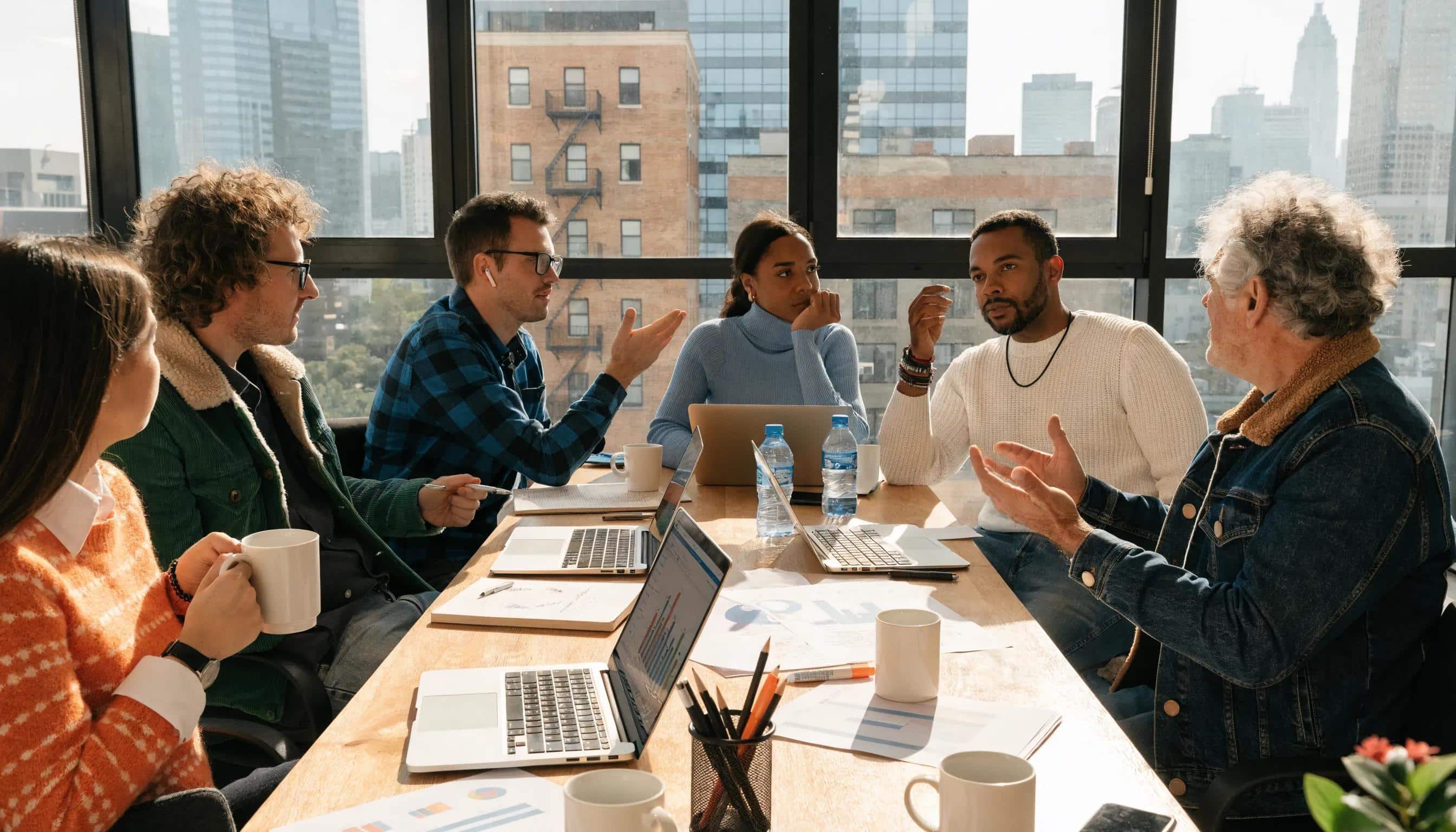 Group meeting with a diverse team discussing charts and graphs in an office overlooking a