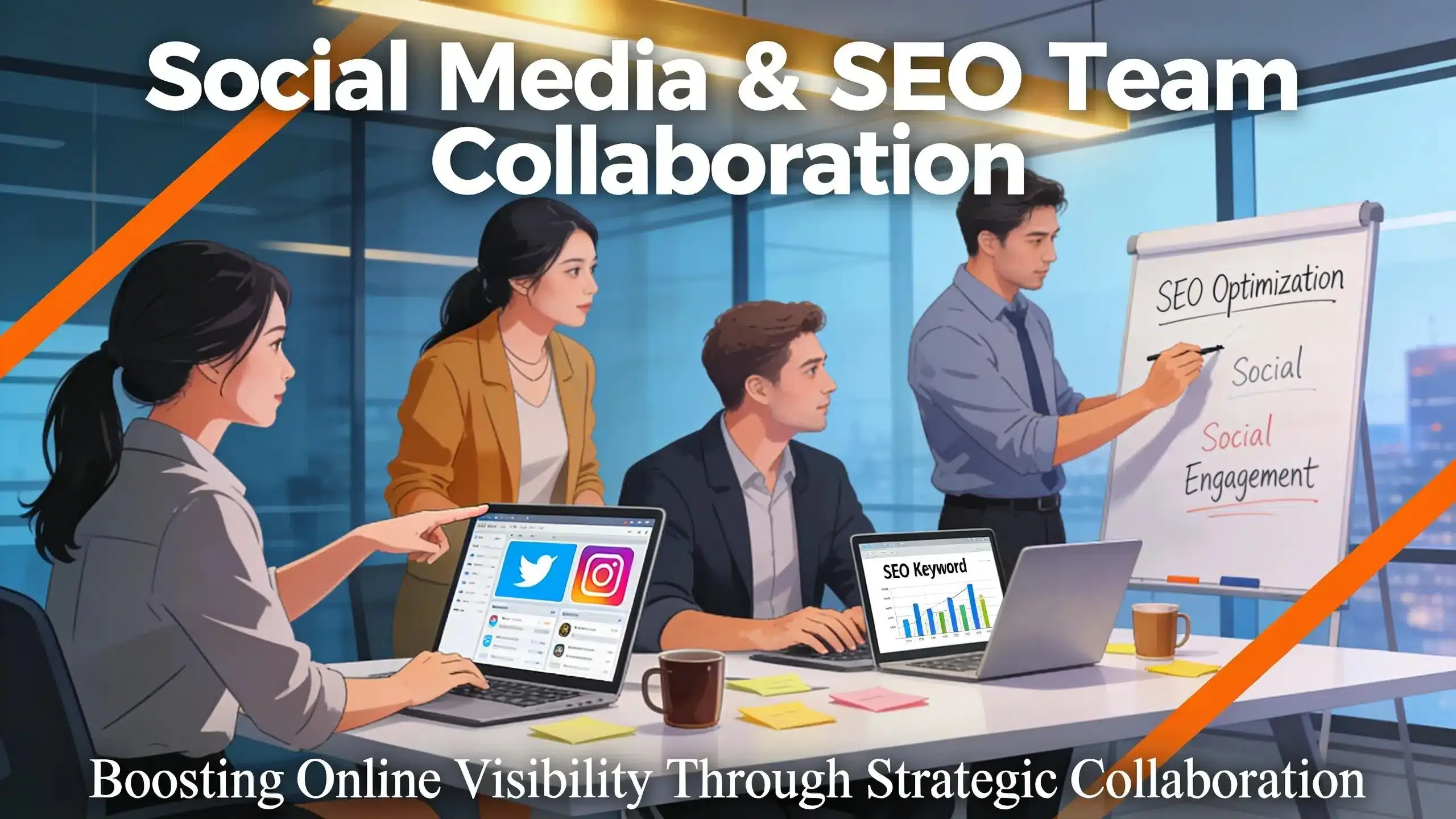 Team collaborating on social media and SEO strategies in a modern office setting