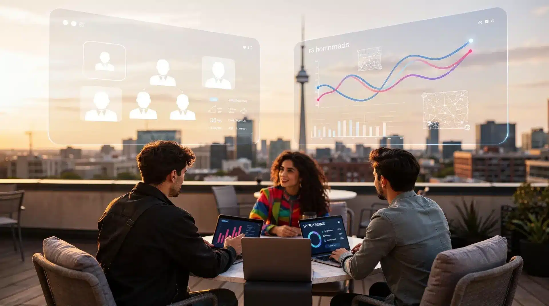 Group meeting with a diverse team discussing charts and graphs in an office overlooking a