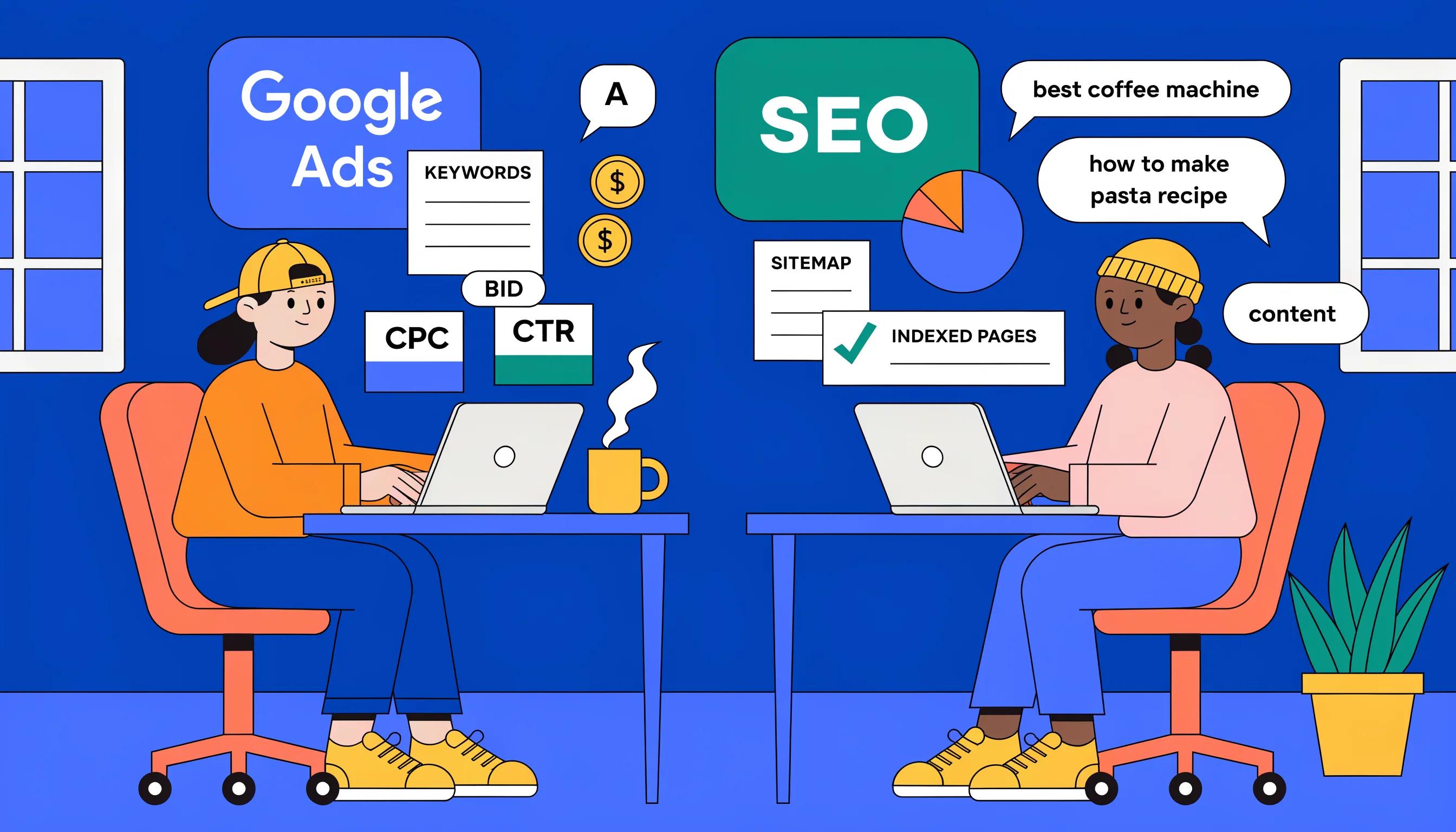 Digital marketing strategies comparison between Google Ads and SEO in a modern office setting
